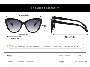 Detailed size chart for retro cat eye sunglasses with precise frame measurements