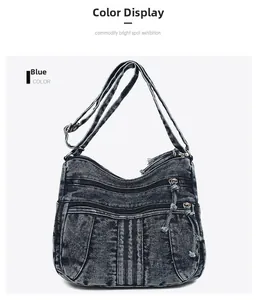 Gros plan du sac bandoulière en denim bleu avec plusieurs poches et longues franges de zip