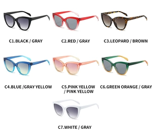 Detailed grid showing seven color variants of retro cat-eye sunglasses for women