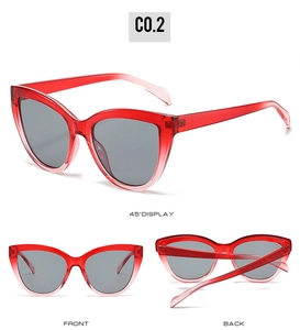 Detailed views of red gradient cat-eye sunglasses from front, back, and 45-degree angles
