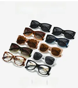 Flat lay display of colorful cat-eye sunglasses and clear lenses in various frame colors