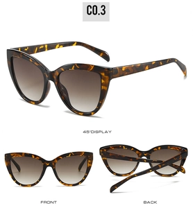 Three perspectives of retro tortoiseshell cat-eye sunglasses with gradient brown lenses
