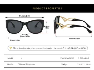 Size guide for trendy cat eye sunglasses showing frame width and temple length in cm and in