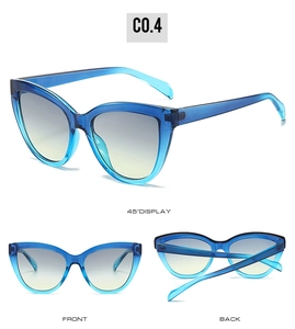 Three-view display of blue cat-eye sunglasses with gradient lenses in retro style