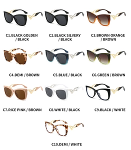 Detailed catalog of cat eye sunglasses with metal curved temples in ten assorted colors