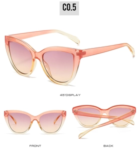Three-way view of cat eye sunglasses showing 45-degree, front, and back perspectives