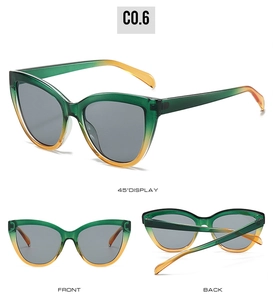 Detailed views of green and orange gradient cat-eye sunglasses with dark grey lenses