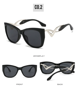 Detailed views of black cat-eye sunglasses featuring silver wavy hollow metal temples