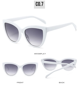 Detailed views showing white cat eye sunglasses with grey gradient lenses from three angles