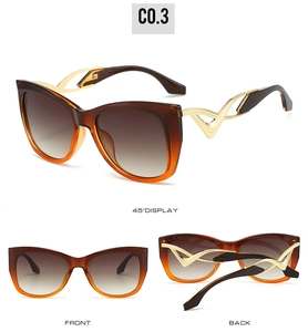 Detailed multi-angle views of gradient brown cat eye sunglasses with golden metal temples