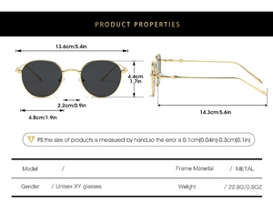 Detailed size chart of vintage oval sunglasses with gold frame and grey lenses