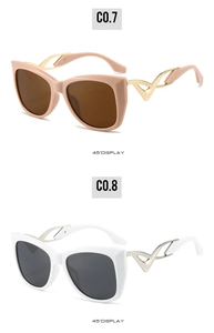 Detail of cat eye sunglasses showing metallic hollow wavy temples and frame finish