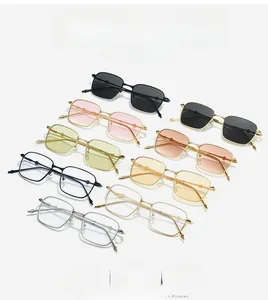 Multiple stylish square sunglasses shown in diverse gradient colors with metal frames