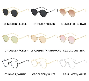 Nine variations of retro oval sunglasses featuring assorted metal frames and colored lenses
