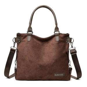 Large capacity dark brown suede tote bag with leather handles and crossbody strap