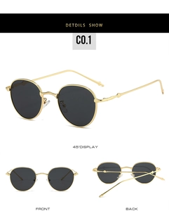 Detailed views of oval sunglasses with golden metal frames and dark grey lenses in 45-degree angle