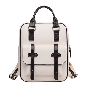 Sac à dos chic en cuir PU crème avec bordures brunes et poche frontale magnétique