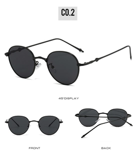 Retro oval sunglasses with slim black metal frame shown in front, back and 45 degree views