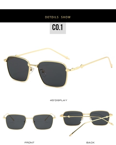Three-way view of retro square metal sunglasses with grey lenses and gold frame