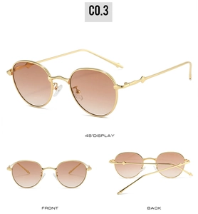 Three-angle view of vintage oval sunglasses with gold frames and brown gradient lenses