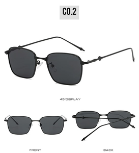 Three-angle display of square sunglasses with slim black frames and dark lenses