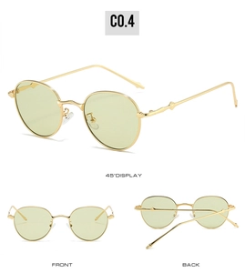 Three views of retro gold metal sunglasses with light yellow tinted oval lenses