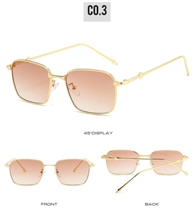 Three-angle view of square gold metal sunglasses with brown-pink gradient lenses