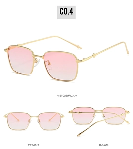 Retro square sunglasses with pink gradient lenses and slim gold metal frame in multiple views