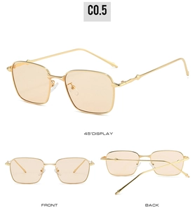 Three-angle views of gold square sunglasses featuring vintage amber lenses and ribbed temples