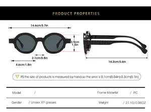 Detailed size guide and specifications for vintage round frame PC unisex sunglasses