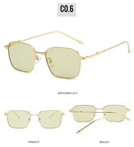 Detailed views of gold rectangular sunglasses with fine metal frames and yellow lenses