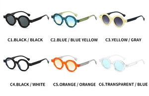 Detailed grid view of retro round sunglasses in six vibrant colors with wavy textured frames