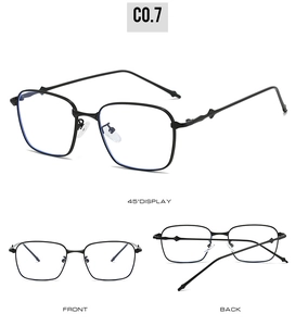 Three-way view of square black eyeglasses frame showing front and back details