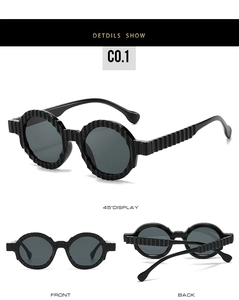 Detailed views of round ripple-textured black sunglasses with dark grey UV lenses