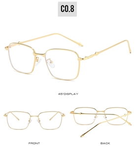 Detail view of square gold metal sunglasses with elegant four-leaf star temple design
