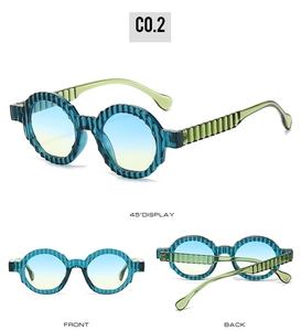 Three-angle display of round pleated sunglasses with blue gradient lenses and green temples