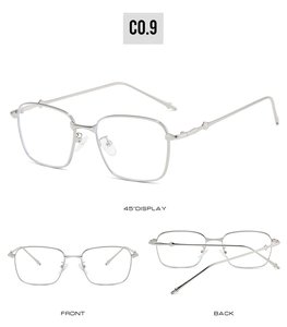 Three-view layout of square silver metal sunglasses showing front, back, and 45-degree angles