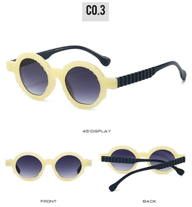Detailed views of round retro sunglasses showing frame texture and multi-angle display