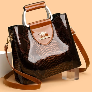 Elegant coffee brown snakeskin textured leather handbag with metallic kangaroo emblem