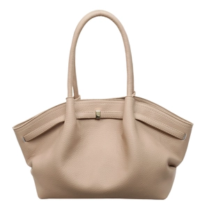 Sac fourre-tout minimaliste en cuir grainé beige avec plis latéraux et boucle en métal
