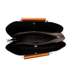 Black tote bag interior view showing dual compartments and orange handle accents