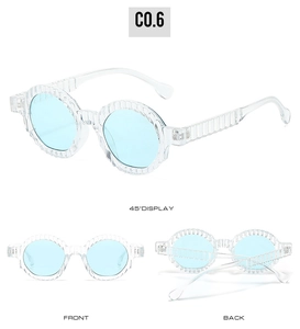 Three-angle view of round transparent sunglasses with light blue lenses and textured frame