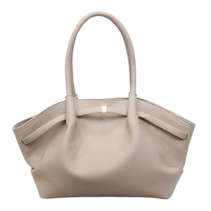 Grand sac fourre-tout beige en cuir litchi avec plis latéraux et boucle dorée élégante