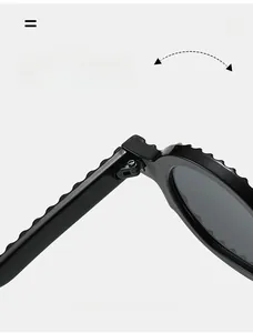 Detail of durable texture hinge and wavy frame design on black retro round sunglasses