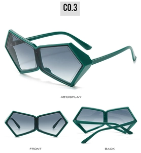 Vue en trois parties de lunettes de soleil polygonales vert foncé sous différents angles