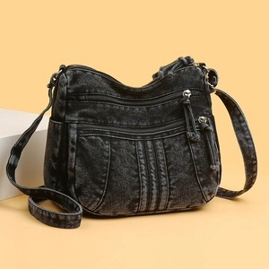 Sac bandoulière rétro en denim noir délavé avec poches multiples et sangle réglable