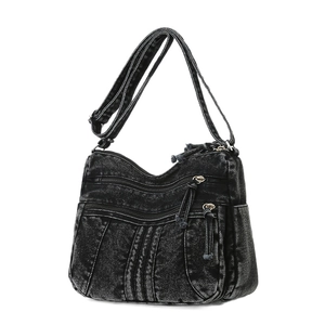 Sac bandoulière rétro en denim noir délavé avec plusieurs fermetures éclair