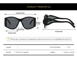 Detaillierte Größentabelle für die ovale Punk-Sonnenbrille mit allen Rahmenmaßen