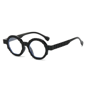 Classic round black sunglasses with unique textured wave pattern frames and anti-blue lenses