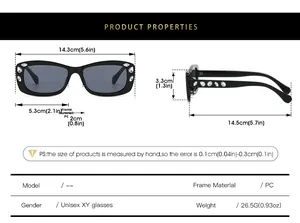 Detailed size chart for retro oval rhinestone sunglasses showing frame and lens dimensions